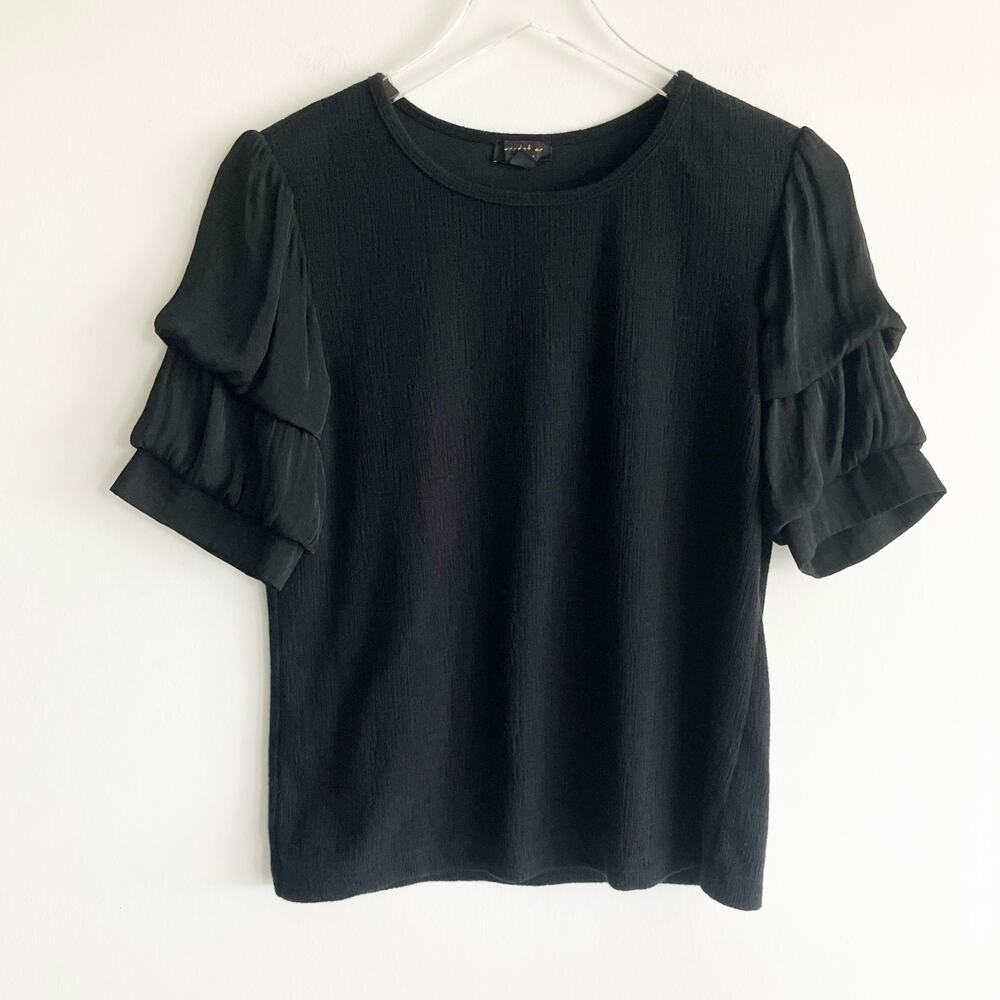 Current Air Womens Size Small Ruched Short Sleeve Black Top Blouse Shirt Minimal